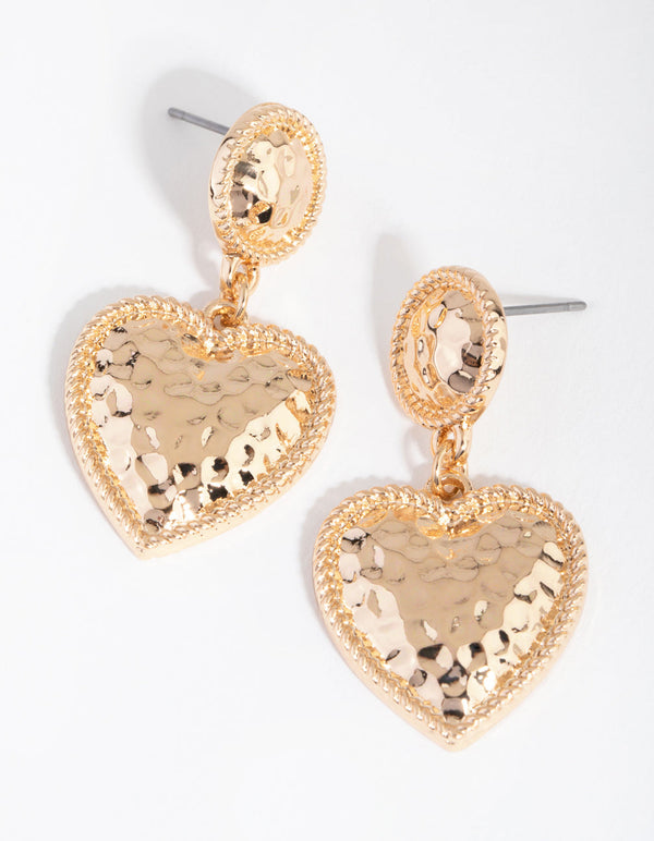 Gold Beaten Heart Drop Earrings