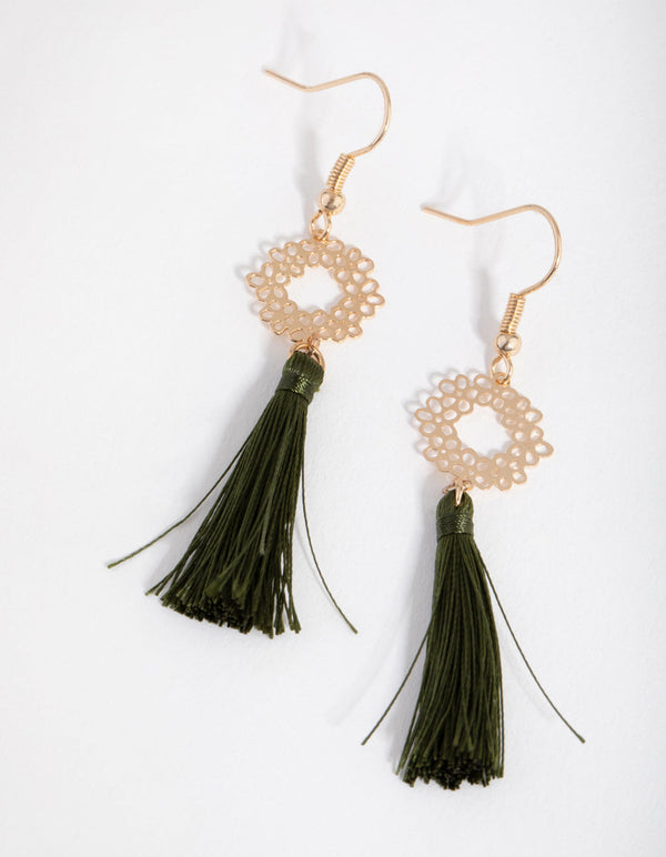 Gold Stamp Flower Tassel Drop Earrings
