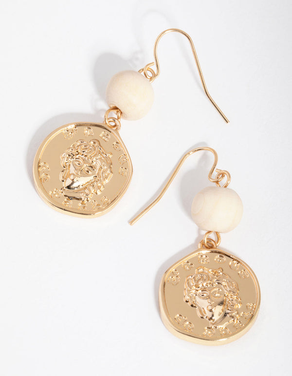 Gold Coin and Wooden Bead Drop Earrings