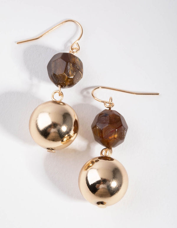 Gold Stone and Metal Bead Drop Earrings
