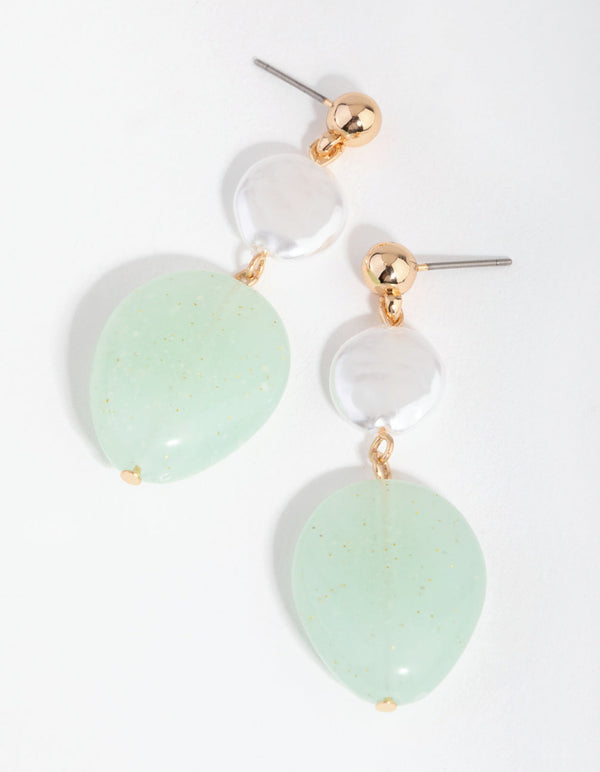 Gold Round Keshi Pearl Stone Drop Earrings
