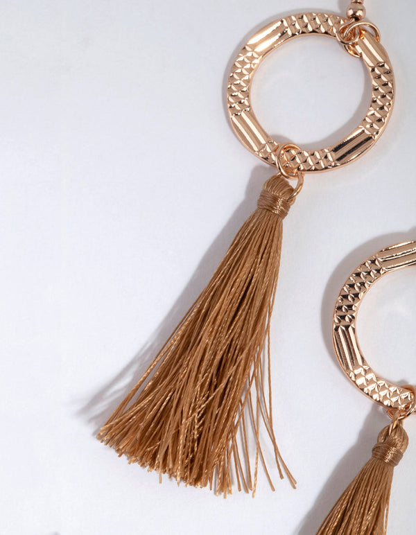 Tan Etched Disc Tassel Drop Earrings