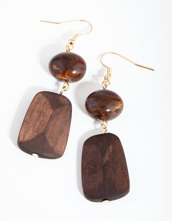 Gold Stone Wood Drop Earrings