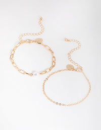 Gold Link Chain Pearl 2-Pack Bracelet - link has visual effect only