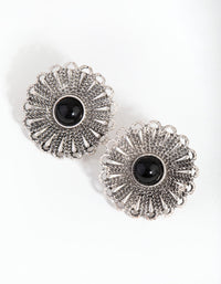 Antique Silver Etched Flower Bead Stud Earrings - link has visual effect only