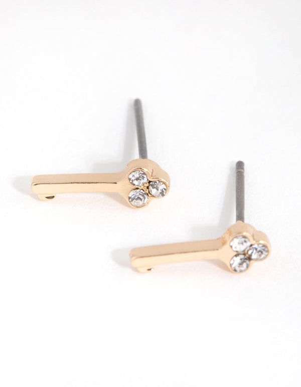 Gold Diamante Fancy Key Stud Earrings