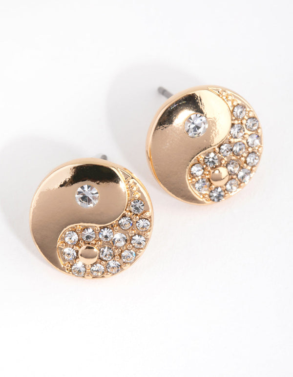 Gold Diamante Yin Yang Stud Earrings