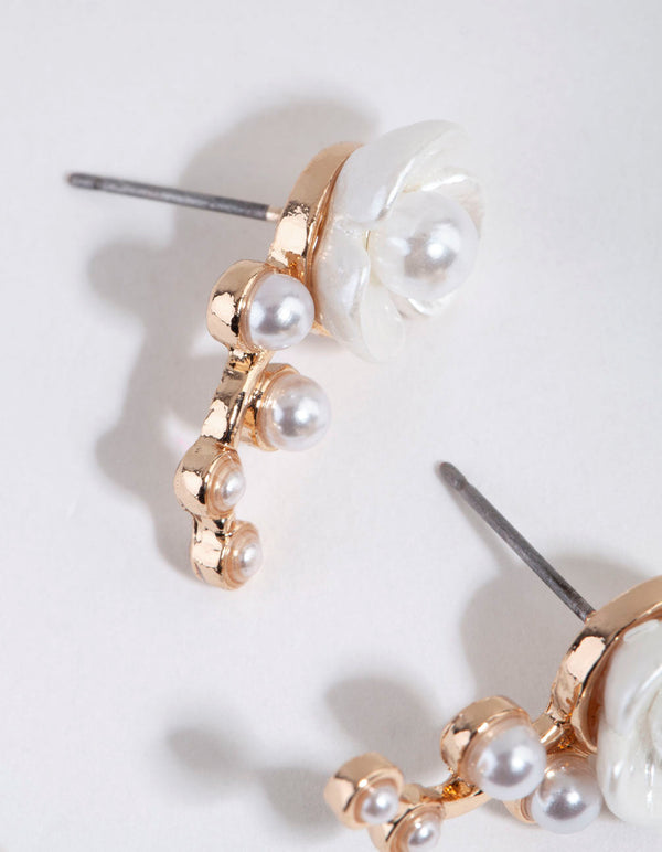 Gold Pearl Flower Crawler Stud Earrings