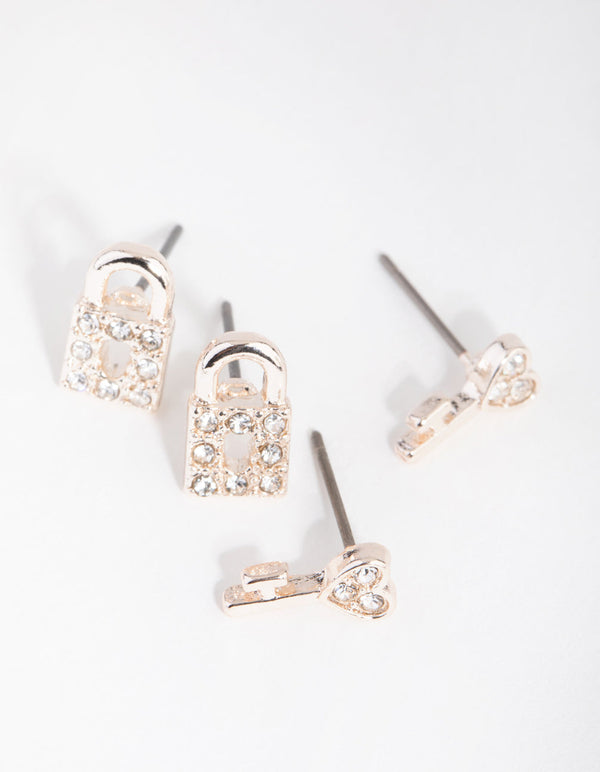 Rose Gold Lock and Key 2-Pack Stud Earring