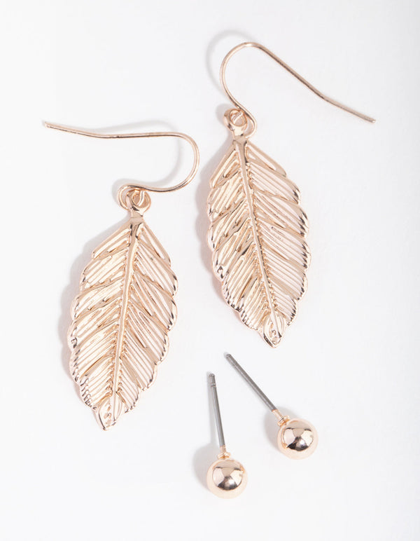 Rose Gold Statement Leaf Drop Stud Earrings