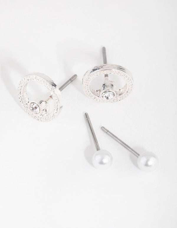 Silver Pearl and Diamante 2-Pack Stud Earring