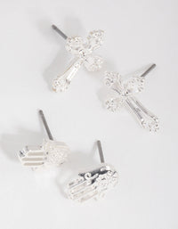 Silver Hand and Cross 2-Pack Stud Earring - link has visual effect only