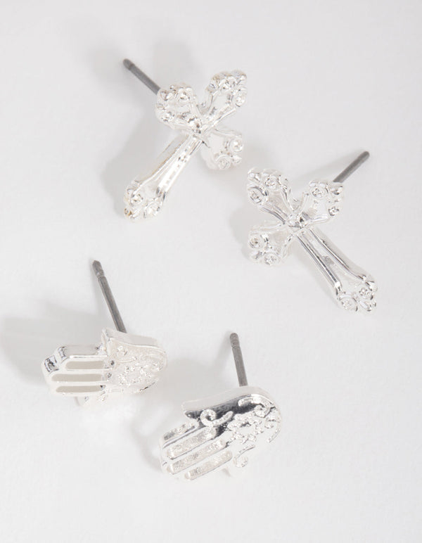 Silver Hand and Cross 2-Pack Stud Earring