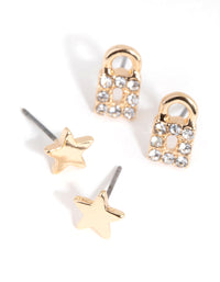 Gold Star and Padlock Stud Earring 2-Pack - link has visual effect only