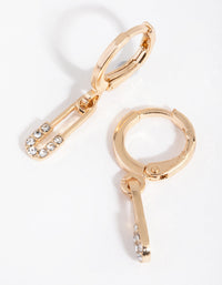 Gold Diamante Safety Pin Huggie Earrings - link has visual effect only