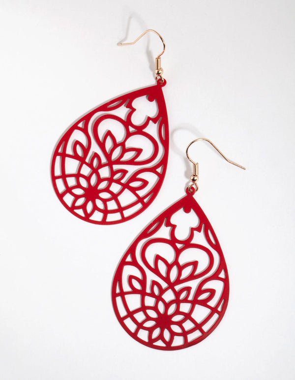 Red Stamp Flower Drop Earrings