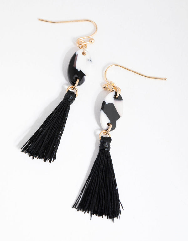Gold Oval Acrylic Tassel Drop Earrings