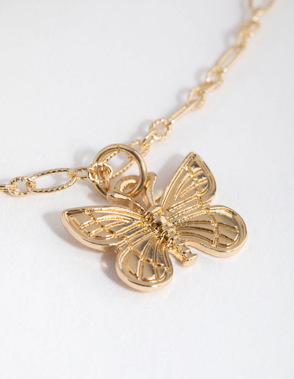 Gold Diamond-Cut Chain Butterfly Necklace
