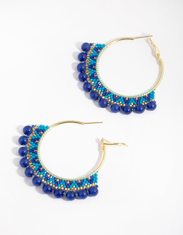 Gold Mixed Bead Fan Hoop Earrings