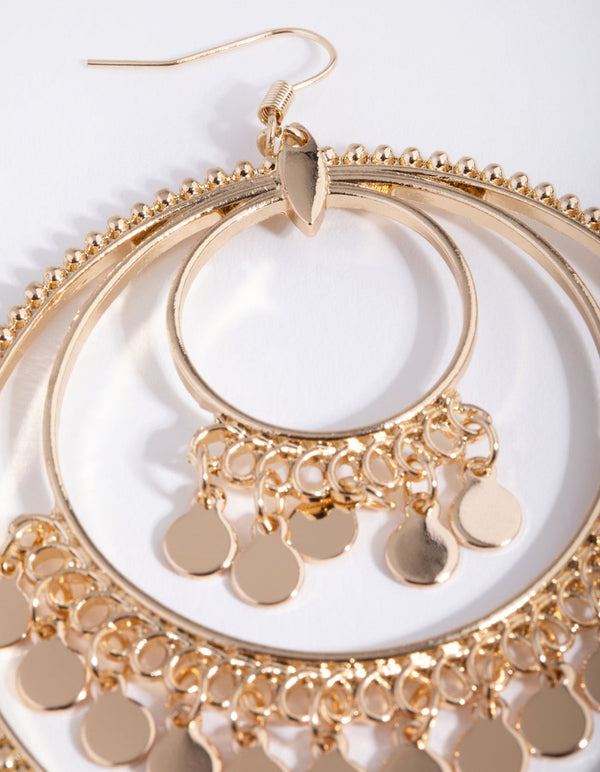 Gold Metal Tassel Circle Drop Earrings
