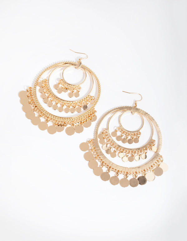 Gold Metal Tassel Circle Drop Earrings