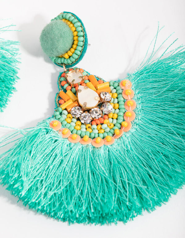 Mint Large Tassel Drop Earrings