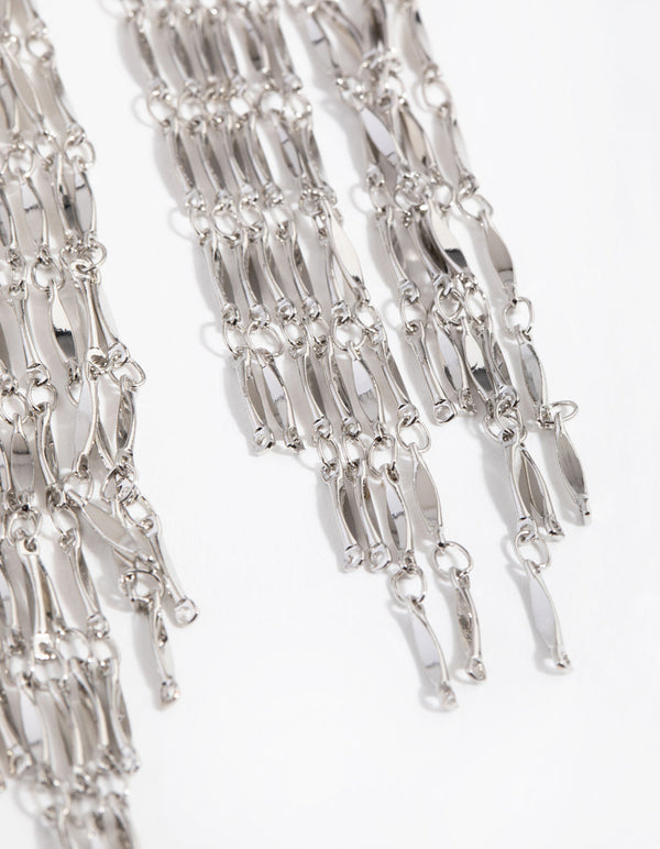 Rhodium Long Metal Tassel Drop Earrings