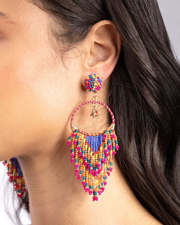 Beaded V Tassel Drop Earrings