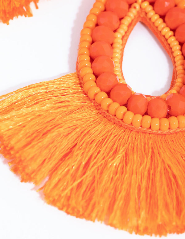 Orange Thread Fan Beaded Drop Earrings