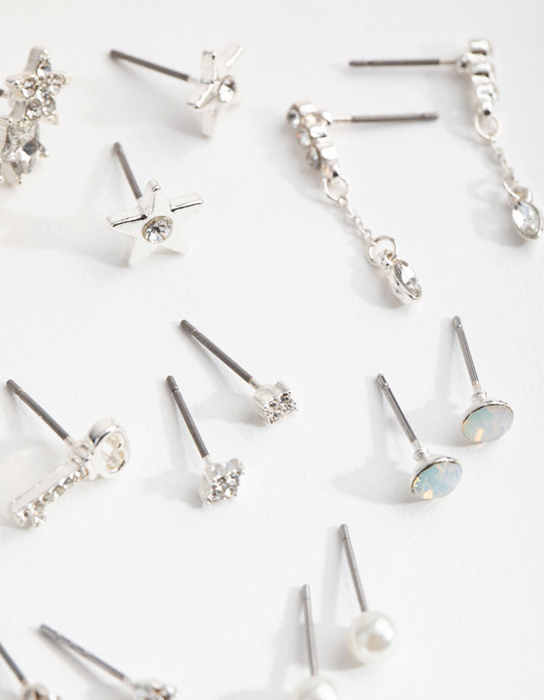 Silver Diamante Key and Star 8-Pack Earring