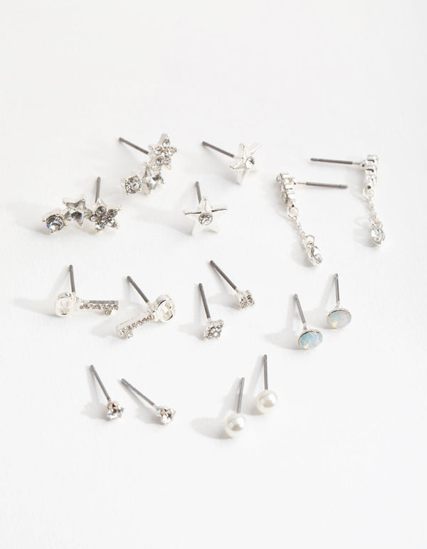 Silver Diamante Key and Star 8-Pack Earring