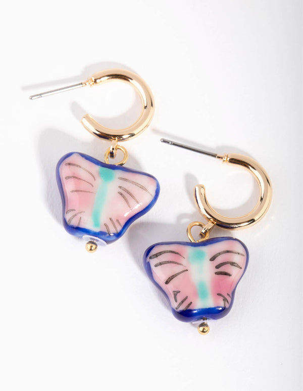 Gold Painted Butterfly Hoop Earrings