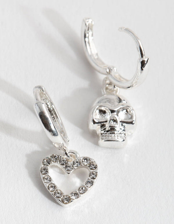 Silver Heart and Skull Huggie Earrings