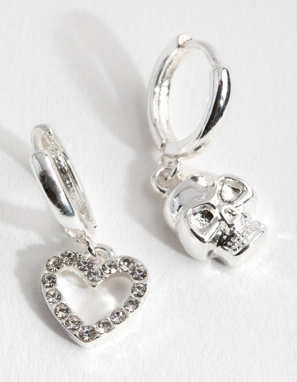 Silver Heart and Skull Huggie Earrings