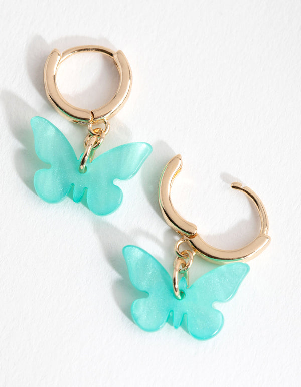 Gold Blue Acrylic Butterfly Huggie Earrings