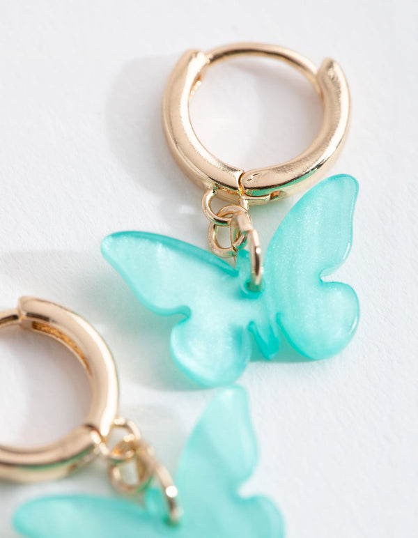 Gold Blue Acrylic Butterfly Huggie Earrings