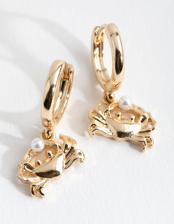 Gold Mini Crab Pearl Huggie Earrings