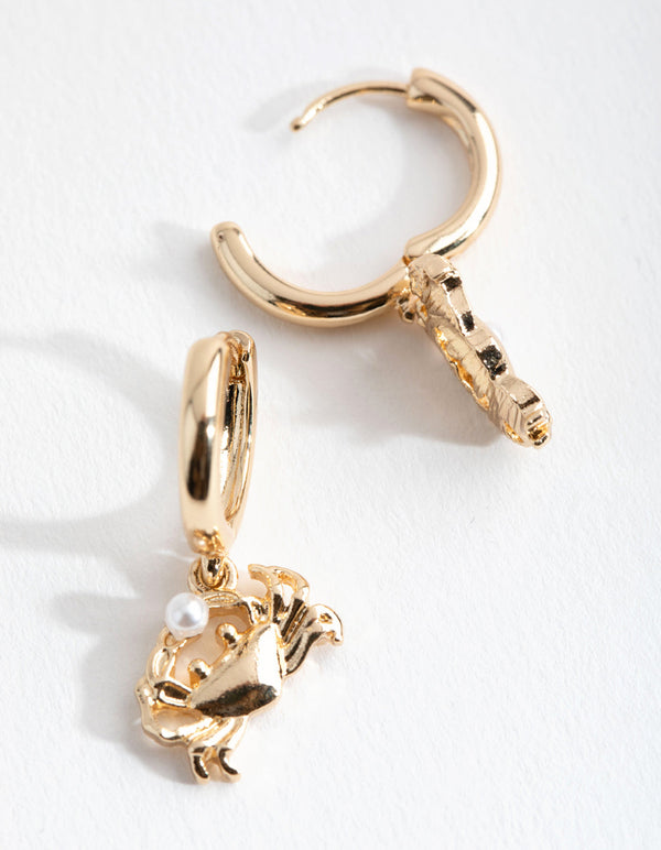 Gold Mini Crab Pearl Huggie Earrings