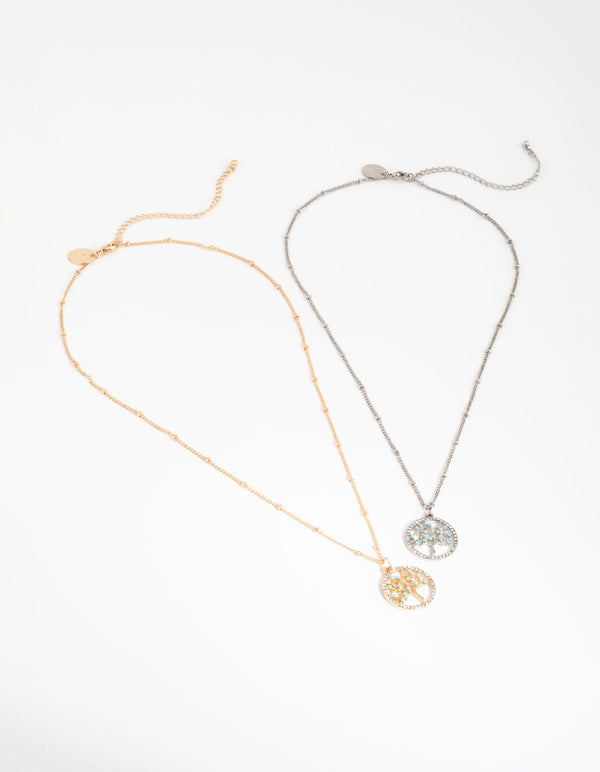 Mixed Metal Diamante Tree 2-Pack Necklaces