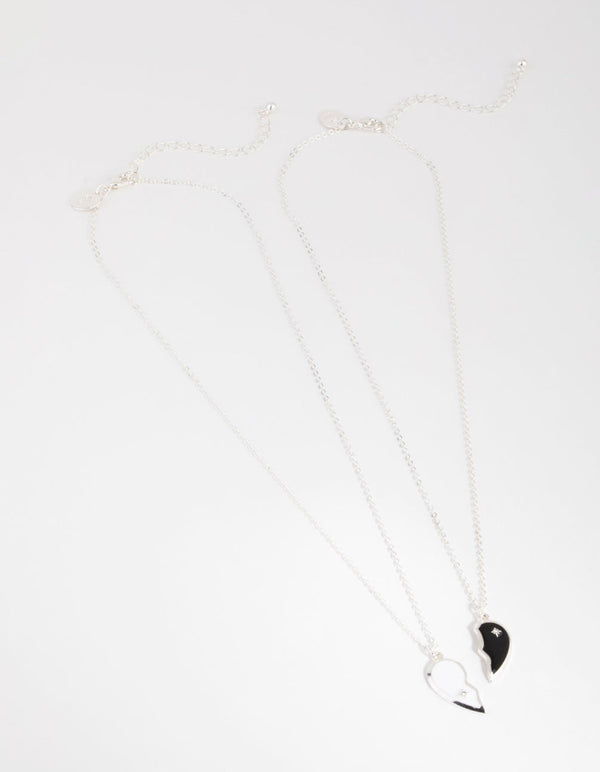 Silver Black and White Half Yin Yang 2-Pack Necklaces