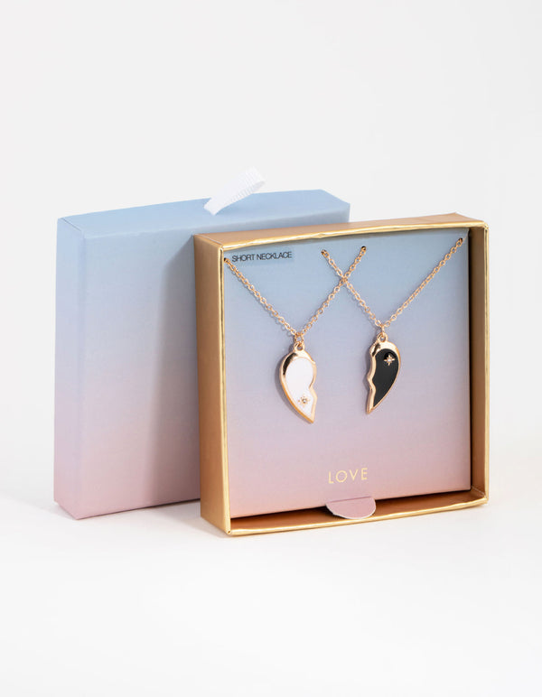 Gold Black and White Half Ying Yang 2-Pack Necklaces