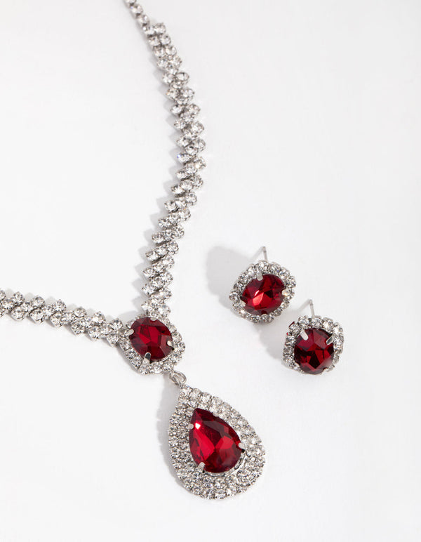 Rhodium Teardrop Surrounded Earrings and Necklace