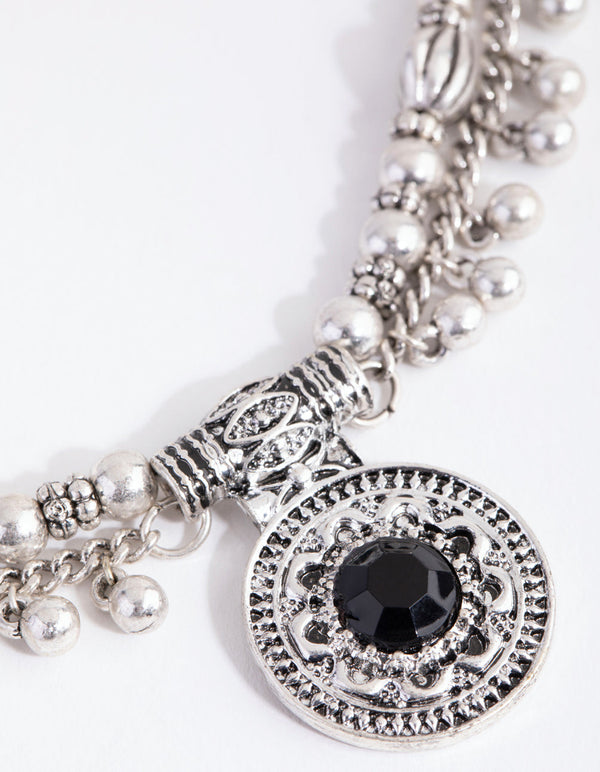 Antique Silver Multi Row Tassel Choker Necklace