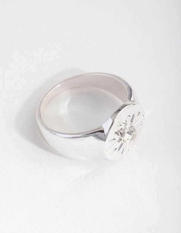 Silver Star and Crystal Signet Ring