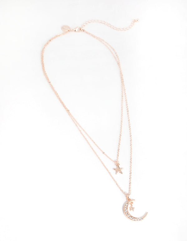 Rose Gold Diamante Moon and Star Necklace