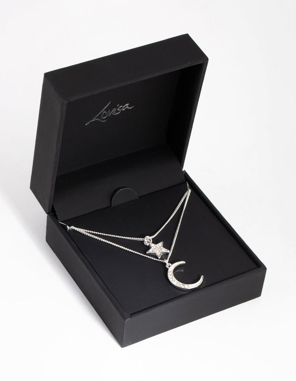 Silver Diamante Moon and Star Necklace