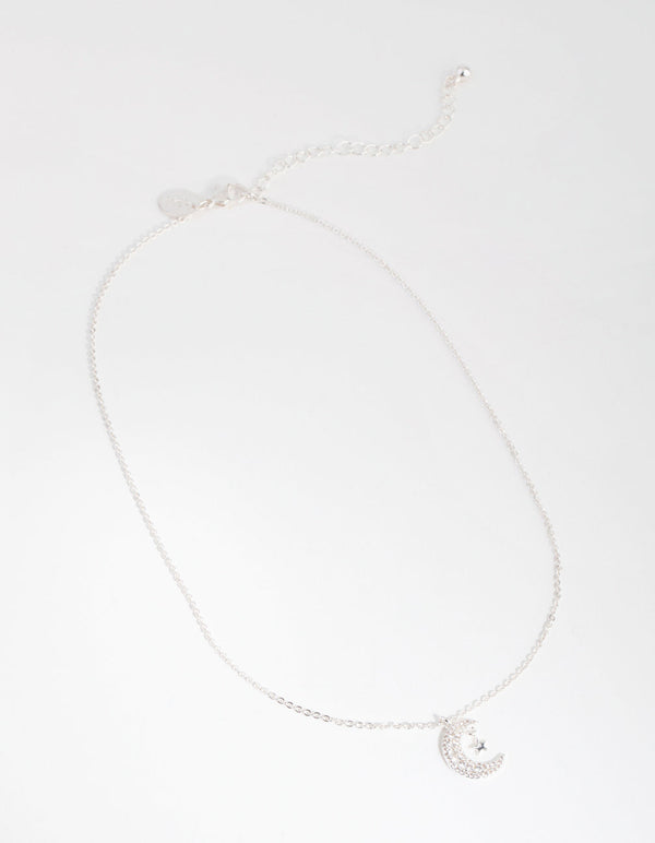 Silver Cubic Zirconia Moon and Star Necklace