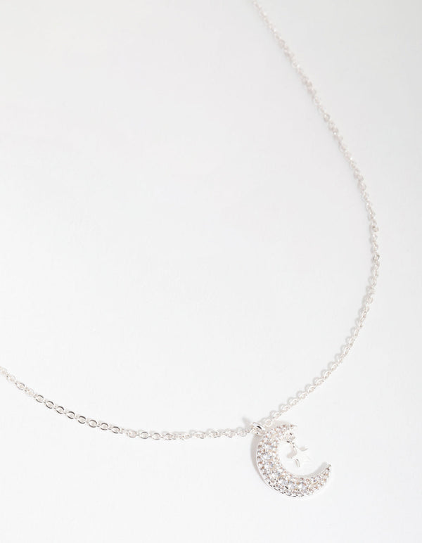Silver Cubic Zirconia Moon and Star Necklace