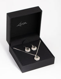 Silver Hexagon Halo Necklace and Earrings Set - link has visual effect only
