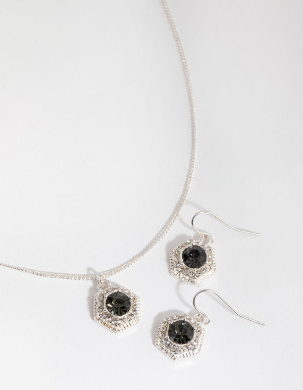 Silver Hexagon Halo Necklace and Earrings Set